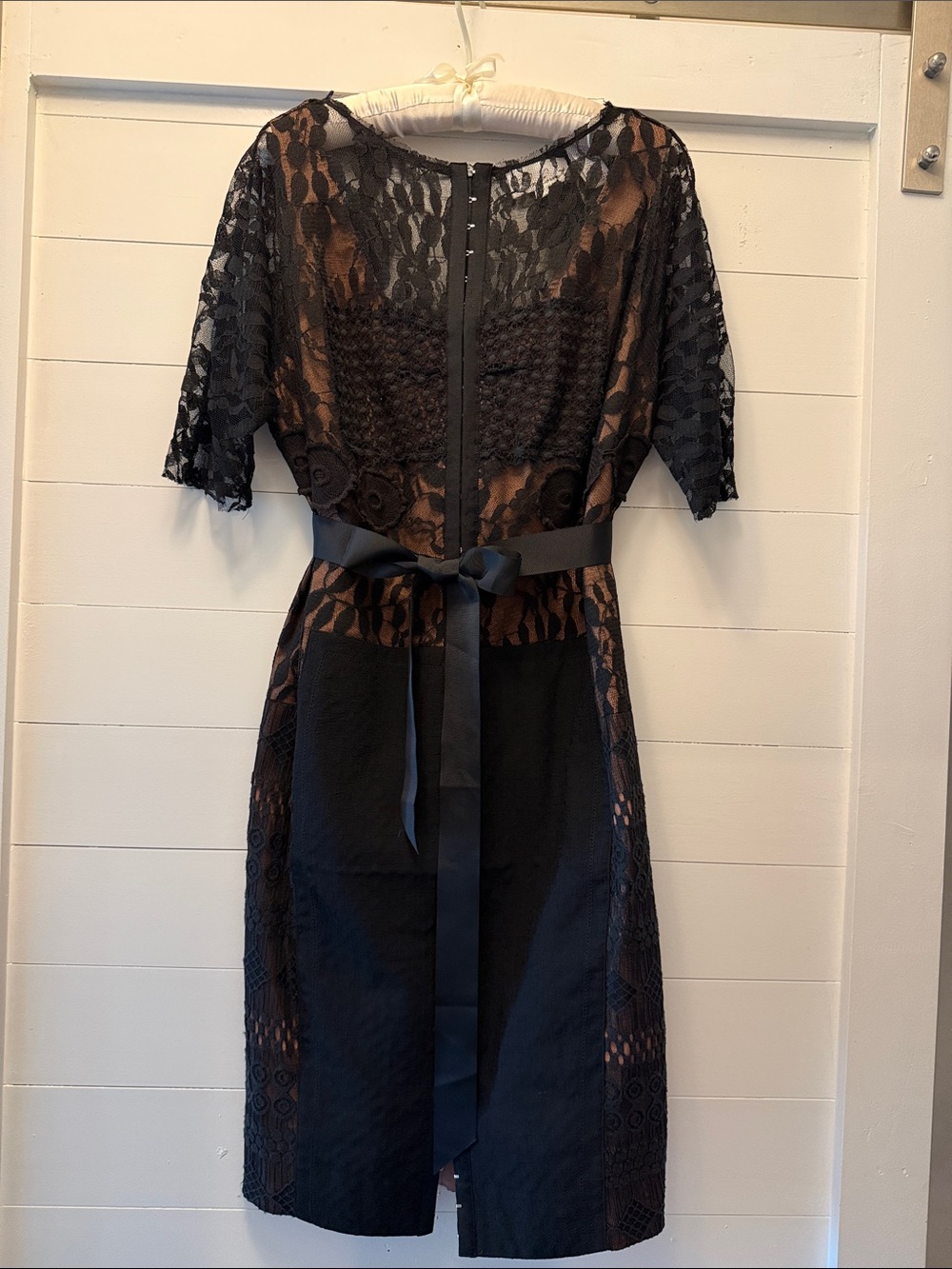 Black Lace Midi Dress with Ribbon Waist Belt